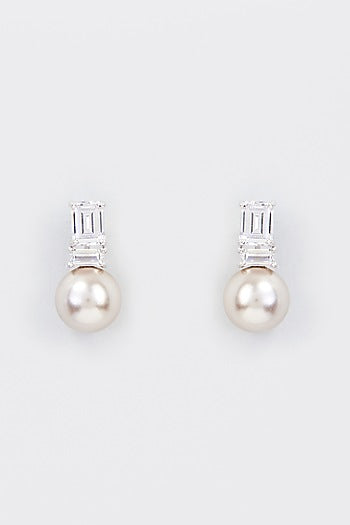 White Finish Zircon & Shell Pearl Dangler Earrings In Sterling Silver