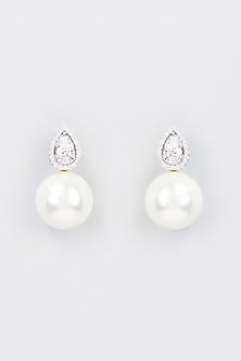 White Finish Zircon & Shell Pearl Dangler Earrings In Sterling Silver