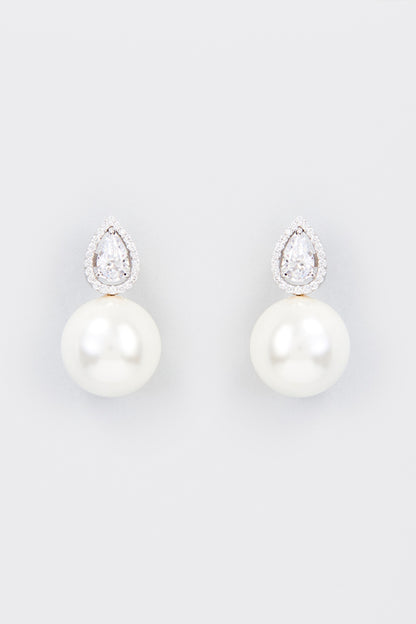 White Finish Zircon & Shell Pearl Dangler Earrings In Sterling Silver