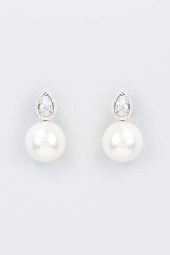 White Finish Zircon & Shell Pearl Dangler Earrings In Sterling Silver