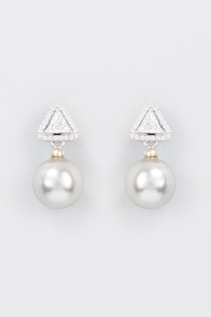 White Finish Zircon & Shell Pearl Dangler Earrings In Sterling Silver