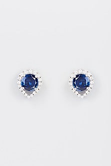 White Finish Zircon & Synthetic Blue Stone Stud Earrings In Sterling Silver