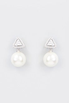 White Finish Zircon & Shell Pearl Dangler Earrings In Sterling Silver