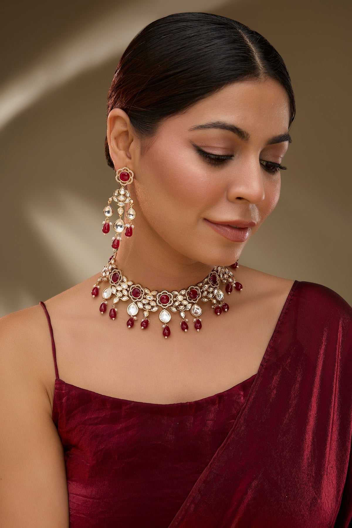 Rose Gold Finish Kundan Polki & Ruby Stone Necklace Set
