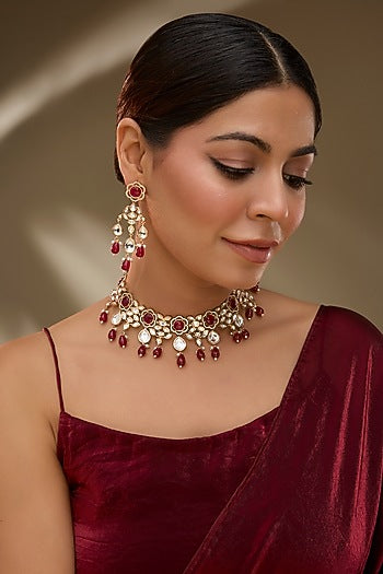 Rose Gold Finish Kundan Polki & Ruby Stone Necklace Set