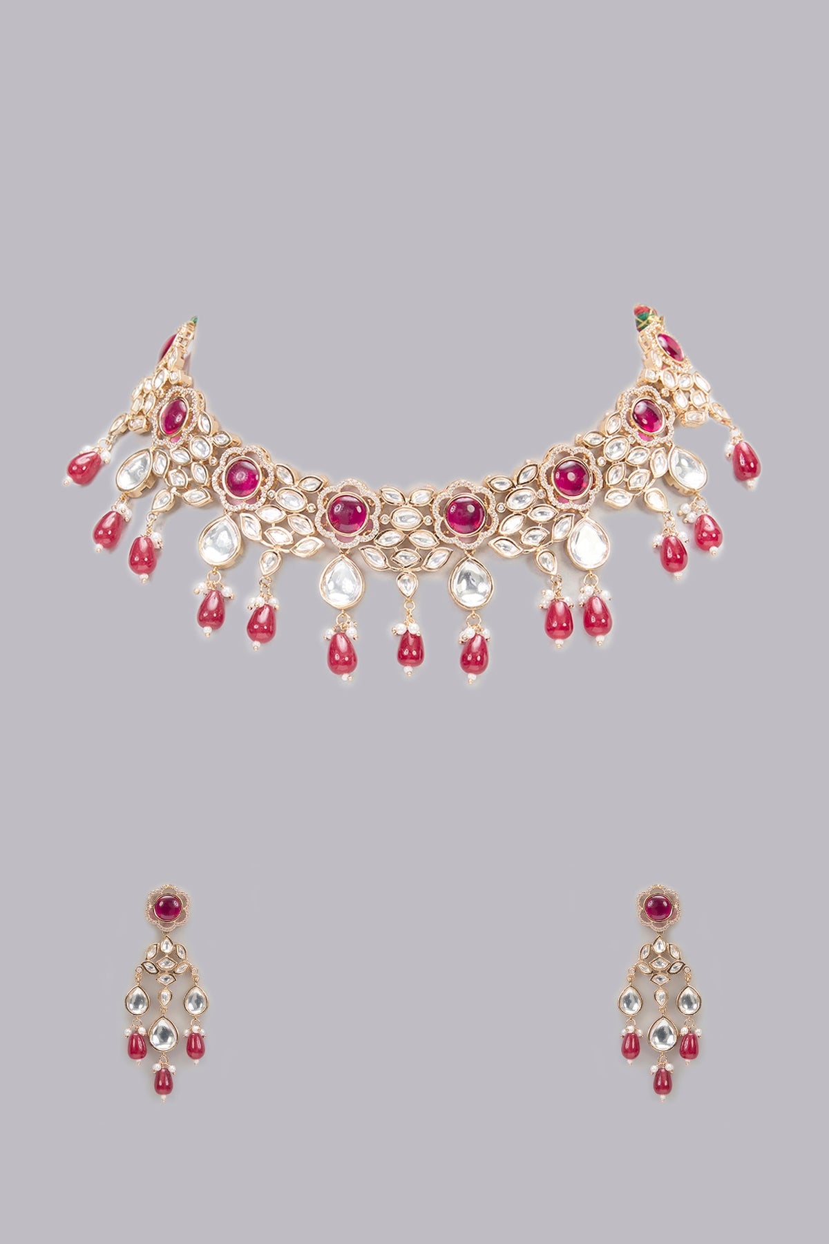 Rose Gold Finish Kundan Polki & Ruby Stone Necklace Set