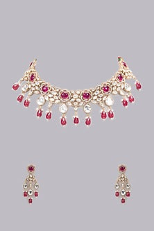 Rose Gold Finish Kundan Polki & Ruby Stone Necklace Set