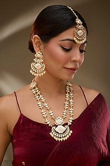 Rose Gold Finish Kundan Polki Meenakari Long Necklace Set
