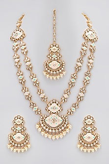 Rose Gold Finish Kundan Polki Meenakari Long Necklace Set