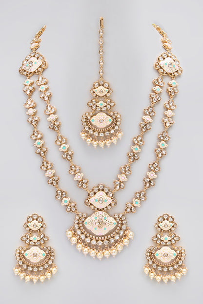Rose Gold Finish Kundan Polki Meenakari Long Necklace Set