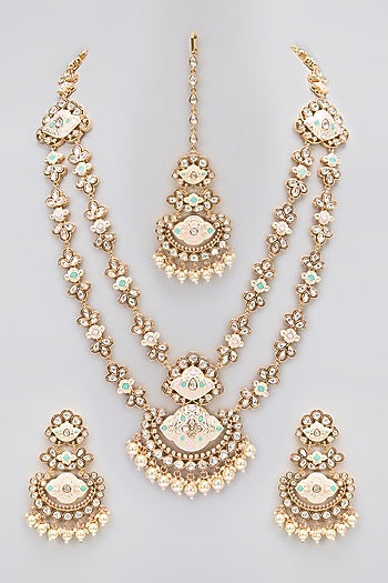 Rose Gold Finish Kundan Polki Meenakari Long Necklace Set
