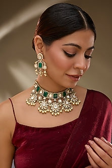 Rose Gold Finish Moissanite Polki & Green Doublet Stone Choker Necklace Set
