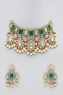 Rose Gold Finish Moissanite Polki & Green Doublet Stone Choker Necklace Set