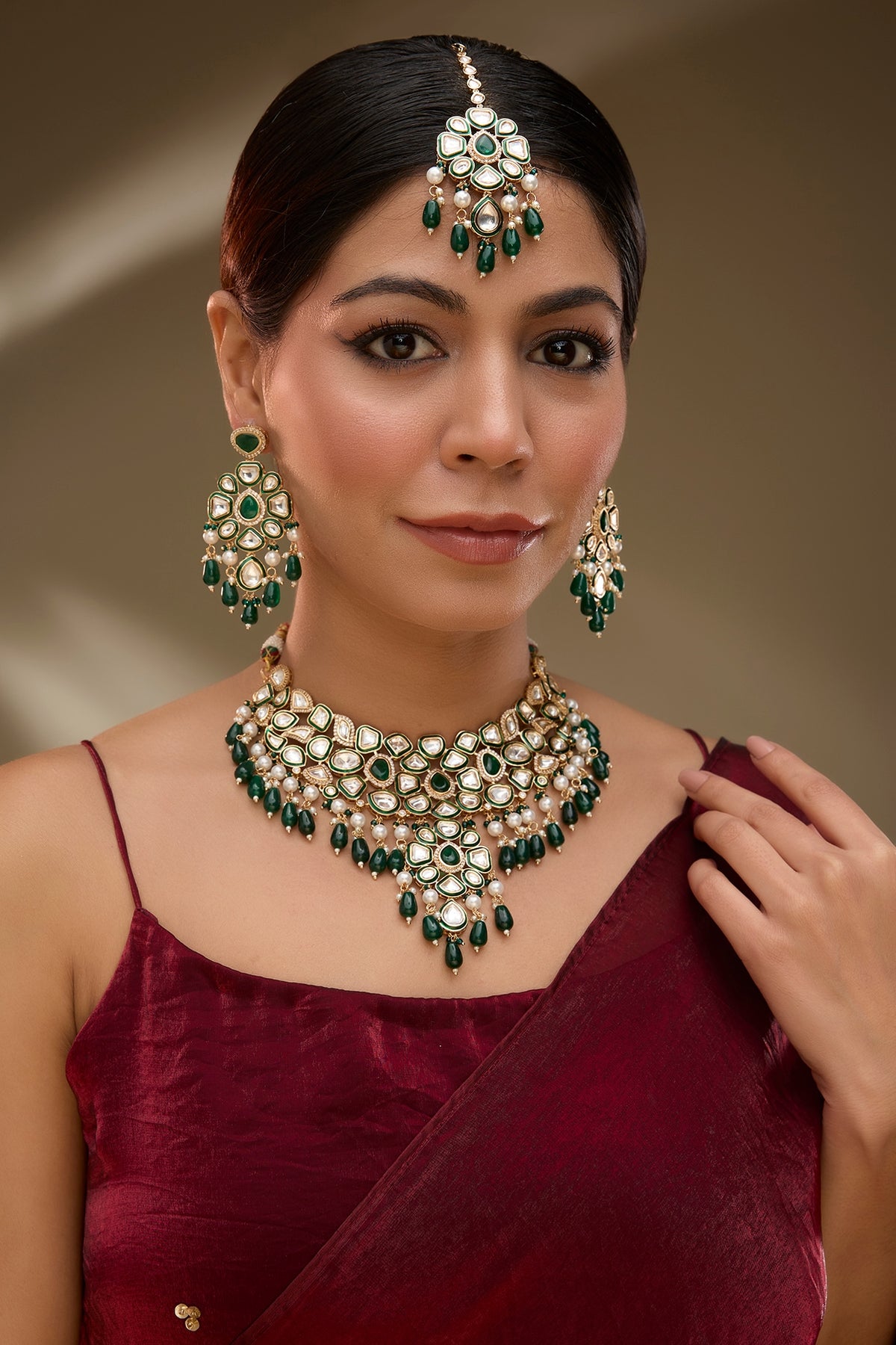 Rose Gold Finish Kundan Polki & Green Stone Green Enameled Choker Necklace Set