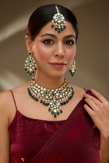Rose Gold Finish Kundan Polki & Green Stone Green Enameled Choker Necklace Set