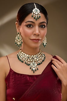 Rose Gold Finish Kundan Polki & Green Stone Green Enameled Choker Necklace Set