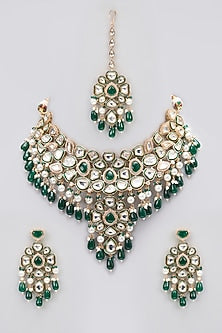 Rose Gold Finish Kundan Polki & Green Stone Green Enameled Choker Necklace Set
