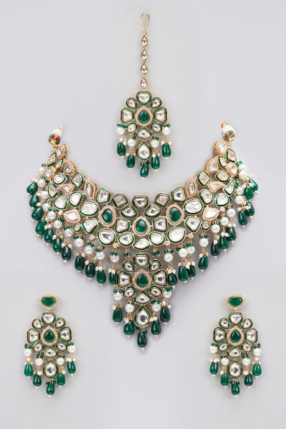 Rose Gold Finish Kundan Polki & Green Stone Green Enameled Choker Necklace Set