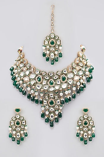 Rose Gold Finish Kundan Polki & Green Stone Green Enameled Choker Necklace Set