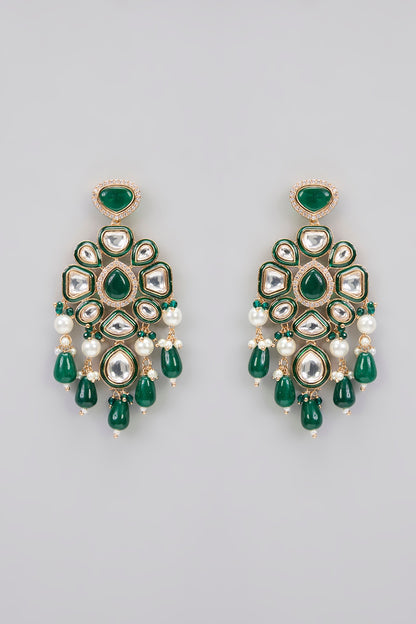 Rose Gold Finish Kundan Polki & Green Stone Green Enameled Choker Necklace Set
