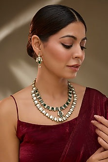 Two-Tone Finish Victorian Polki Layered Long Necklace Set