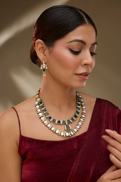 Two-Tone Finish Victorian Polki Layered Long Necklace Set