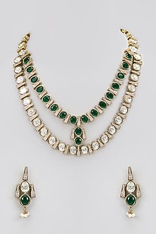 Two-Tone Finish Victorian Polki Layered Long Necklace Set