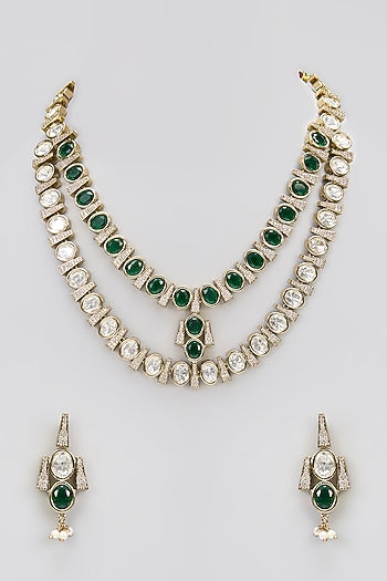 Two-Tone Finish Victorian Polki Layered Long Necklace Set