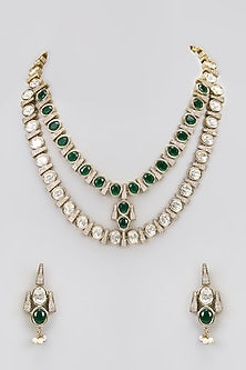 Two-Tone Finish Victorian Polki Layered Long Necklace Set