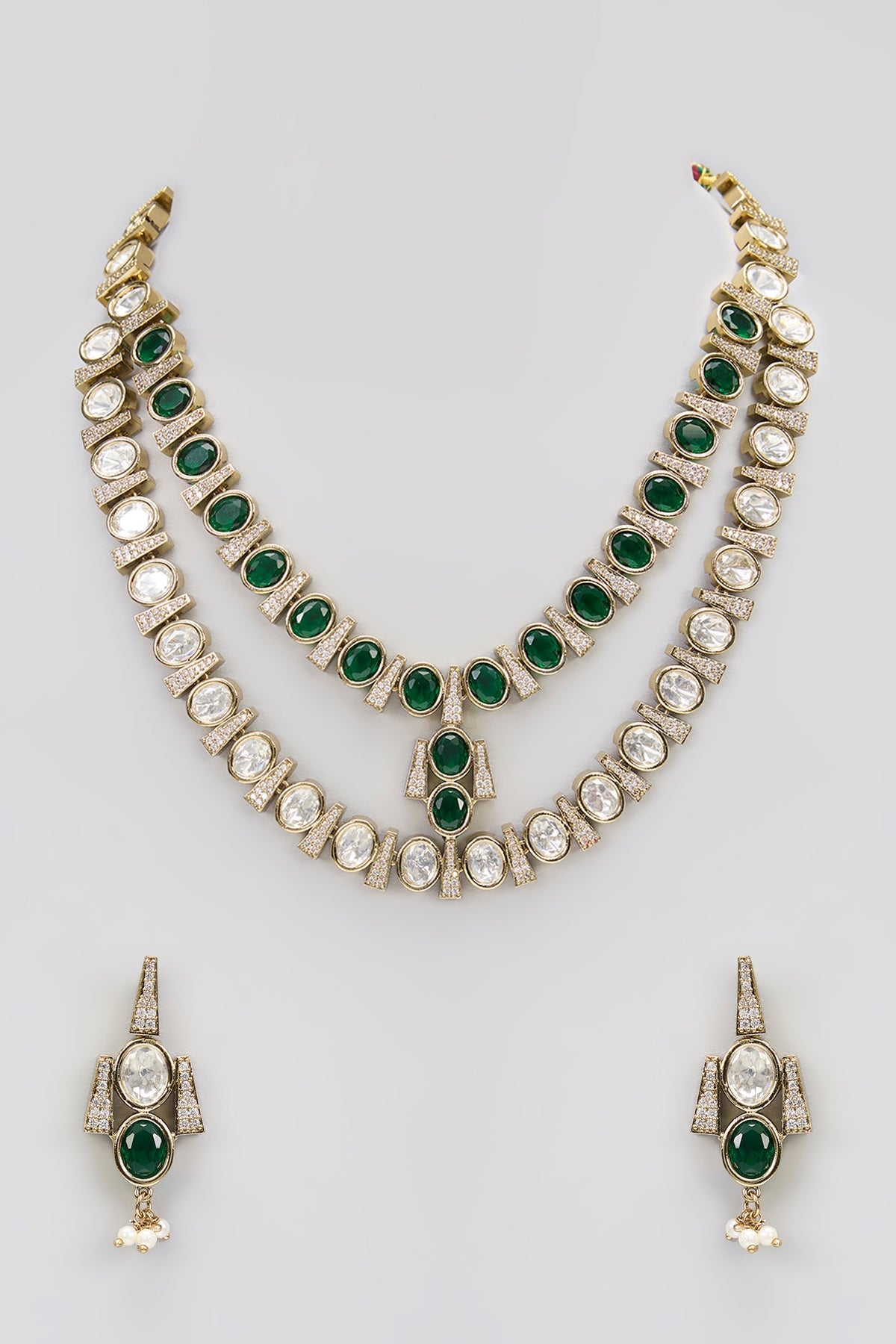 Two-Tone Finish Victorian Polki Layered Long Necklace Set