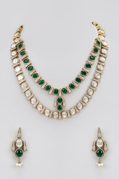 Two-Tone Finish Victorian Polki Layered Long Necklace Set