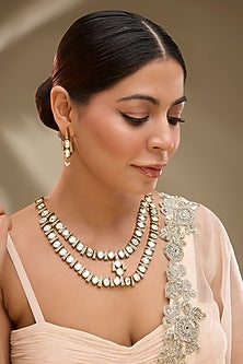 Two-Tone Finish Victorian Polki Layered Long Necklace Set