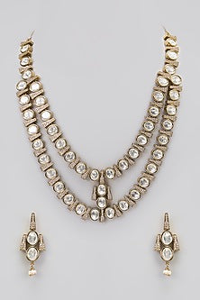 Two-Tone Finish Victorian Polki Layered Long Necklace Set
