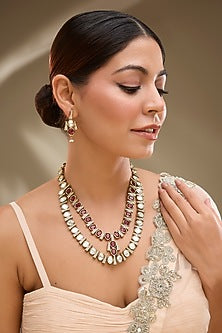 Two-Tone Finish Red Kundan Polki Layered Necklace Set