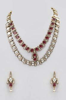 Two-Tone Finish Red Kundan Polki Layered Necklace Set