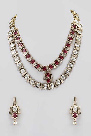 Two-Tone Finish Red Kundan Polki Layered Necklace Set