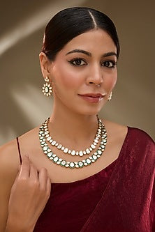 Rose Gold Finish Green Kundan Polki Layered Necklace Set