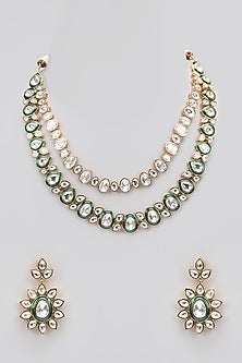 Rose Gold Finish Green Kundan Polki Layered Necklace Set