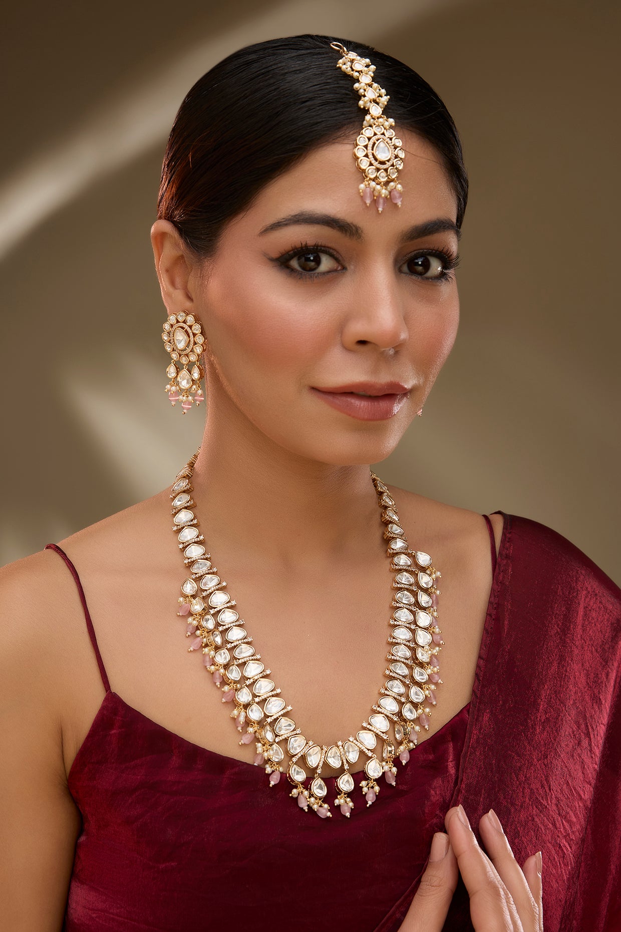 Rose Gold Finish Green Kundan Polki Long Necklace Set
