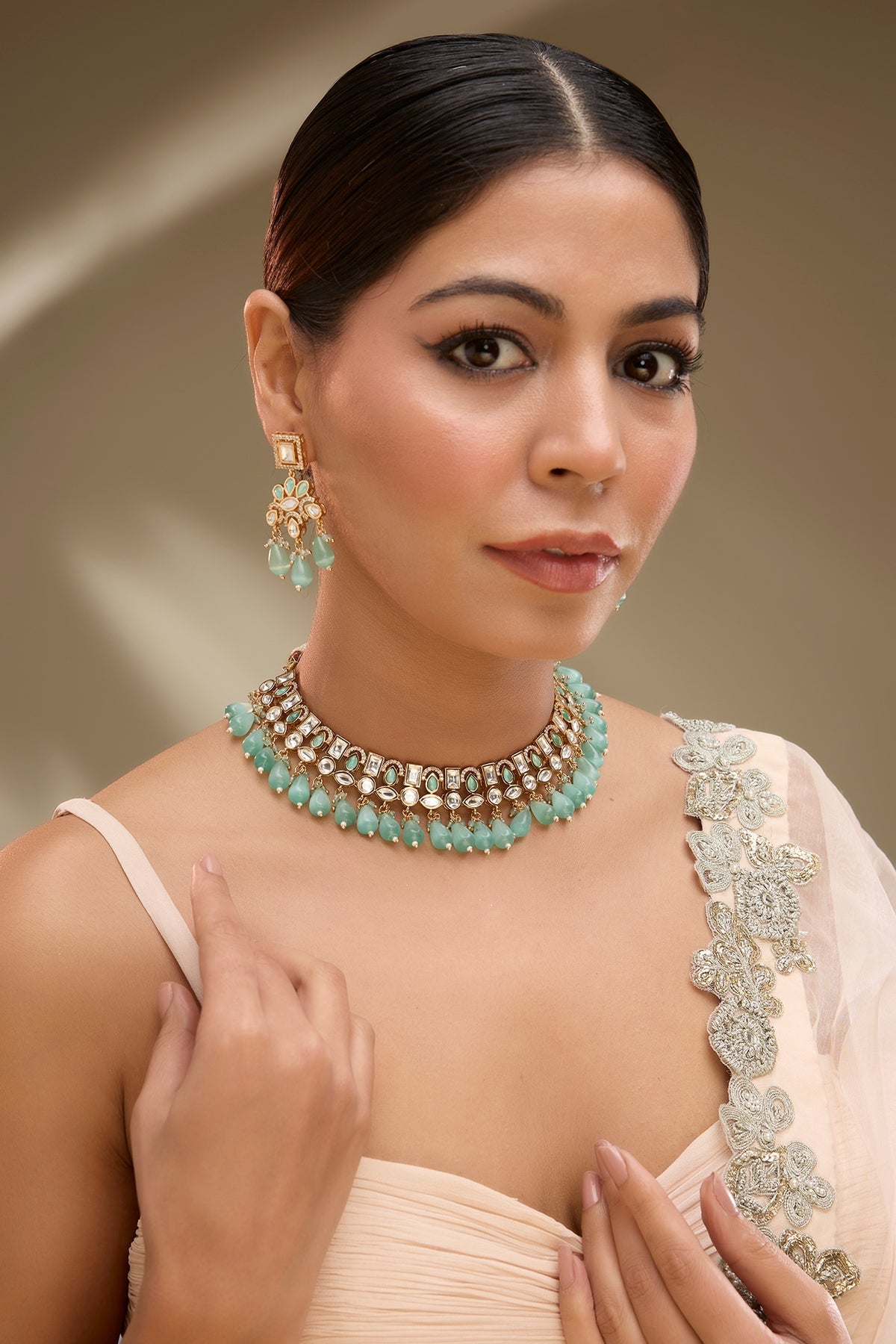 Rose Gold Finish Mint Green Kundan Polki Choker Necklace Set