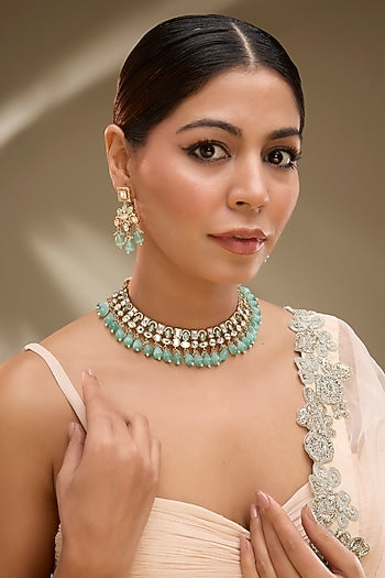 Rose Gold Finish Mint Green Kundan Polki Choker Necklace Set