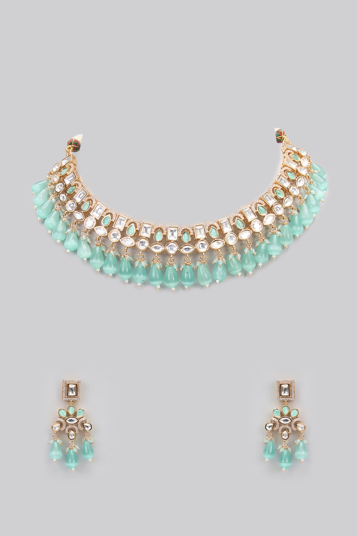 Rose Gold Finish Mint Green Kundan Polki Choker Necklace Set
