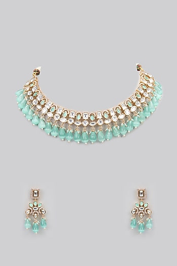 Rose Gold Finish Mint Green Kundan Polki Choker Necklace Set