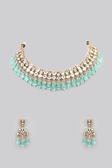 Rose Gold Finish Mint Green Kundan Polki Choker Necklace Set