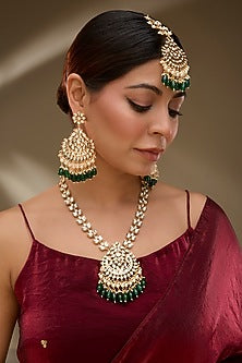 Rose Gold Finish Green Kundan Polki Long Necklace Set