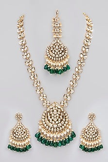 Rose Gold Finish Green Kundan Polki Long Necklace Set