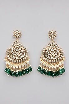 Rose Gold Finish Green Kundan Polki Long Necklace Set