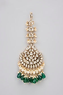 Rose Gold Finish Green Kundan Polki Long Necklace Set