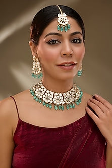 Rose Gold Finish Green Kundan Polki & AD Stone Choker Necklace Set