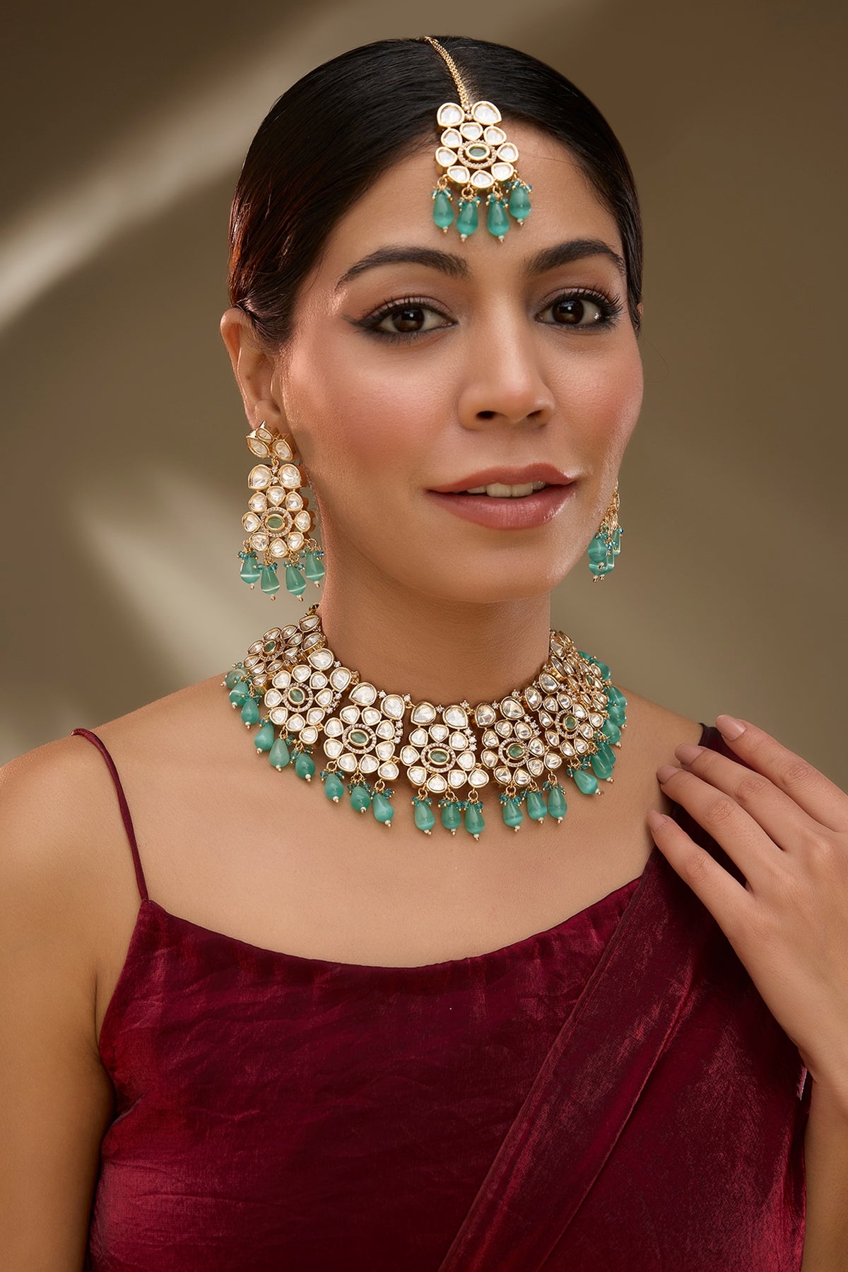 Rose Gold Finish Green Kundan Polki & AD Stone Choker Necklace Set